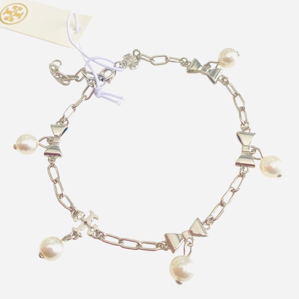 New Tory Burch Silver Curiosity Good Luck Chain Curiosity Bow Charm Bracelet